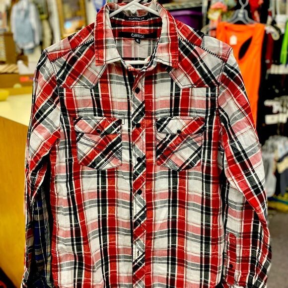 Sm Carbon red black white plaid button up - Picture 1 of 3